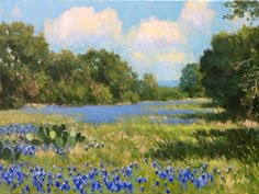 an oil painting of bluebonnets and trees by the water's edge with clouds in the sky