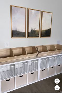 three pictures hang on the wall above white storage bins with drawers and dividers