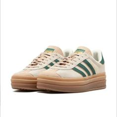 Sold Out Everywhere! Brand New Nwt Adidas Gazelle Bold Gum Sole Platform Sneakers In Cream White Collegiate Green Size Women’s 7 (Gazelles Run A Bit Big So Pls Read Sizing Reviews!) Viral Tiktok Satellite Stompers! I’m Obsessed With This Colorway! Perfect For Year Round Wear. These Are Women’s Sizes. Never Worn & Box Included. *Will Ship Same Day If Ordered Before 12pm Est M-Sat Excluding Holidays. These Are A Resell - I Have Been Tryng To Get These And Bought An Extra Pair. Size 7. Note I Paid Satellite Stompers, Adidas Platform Sneakers, Tan Adidas, Short Black Haircuts, Green Platform, Adidas Shoes Originals, Chunky Loafers