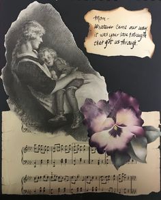 an altered photograph of a woman holding a child with music notes and flowers in the background