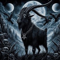 a goat with horns and chains standing in front of a full moon filled night sky