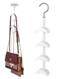 two purses and a coat rack on display