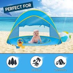 a baby in a blue and yellow tent on the beach with text that reads, perfect for