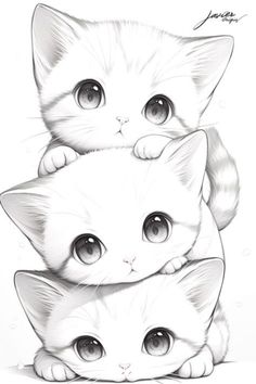 three white kittens sitting on top of each other with their heads turned to look like they