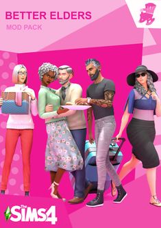 the sims 4 characters are all dressed up in different outfits and hats, with pink background