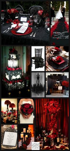 red and black wedding theme with roses on the cake, flowers in vases, table cloth