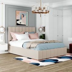 a large bed sitting in a bedroom on top of a hard wood floor