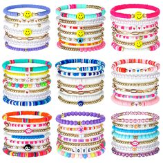 PRICES MAY VARY. Sufficient Quantity: there are 63 pieces of heishi bracelets in various styles, 9 sets in total, ample quantities and diverse styles can meet your wearing needs; Designed with golden beads, faux pearls, evil eyes, and other elements, they are distinctive and eye catching Wide Applications: the preppy bracelets can be applied for a variety of occasions, like birthday, summertime, beach, hiking, camping, party, shopping, vacation, or just daily wear, various bright colors will eas Multicolor Letter Beads Friendship Bracelets For Party, Multicolor Letter Beads Friendship Bracelet For Parties, Trendy Festival Bracelets With Heart Beads, Party Multicolor Friendship Bracelets With Letter Beads, Bohemian Heart Beads Bracelets For Party, Multicolor Friendship Bracelets For Summer Party, Summer Multicolor Heart Beads Bracelets, Y2k Bracelets, Heishi Bracelets