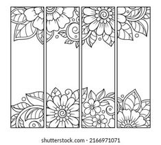 a set of four stained glass panels with flowers and leaves in black and white on a white background