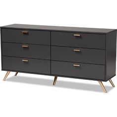 a black dresser with gold handles and drawers on it's sides, against a white background