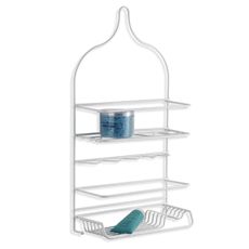 a white bathroom shelf with three shelves and two cups on it's bottom shelf