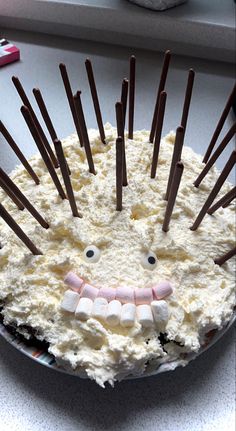 a cake decorated like a hedgehog with chocolate sticks sticking out of it's mouth