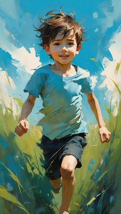 a painting of a young boy running through tall grass with blue sky in the background