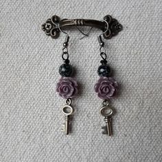 Rose Key French Hook Earrings Each Set Unique With Different Beads, Key Charms And Rose Beads. Key Earrings Aesthetic, Key Earrings, Rose Beads, Jewelry Styling, Key Charms, French Hook Earrings, Earrings Aesthetic, Earrings Simple, Simple Earrings