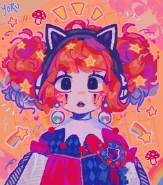 a digital painting of a girl with red hair and cat ears on her head, in front of an orange background