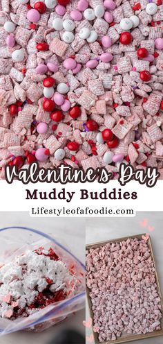 valentine's day muddy buddies recipe with marshmallows in the middle and on top