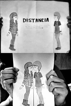 two people holding up paper with drawings of them and the words distancia on it