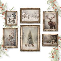 four framed christmas pictures on a white wall