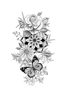 a black and white drawing of flowers with butterflies on the bottom half of each flower