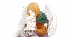 an anime character with orange hair and white wings holding onto another character's shoulder