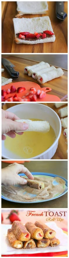 four different views of sandwiches on plates with tomatoes and bread in the middle one is being cut