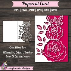 papercut card with roses and leaves on it, cut files for silhouette cricut, brother scan'n cut and more