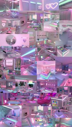 a collage of pink and blue images with neon lights in the room above them