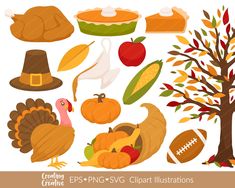 thanksgiving clipart illustrations with turkey, pumpkins, apples, pie and other items