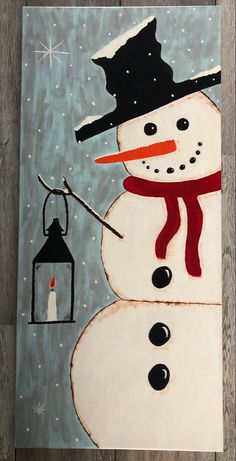 a painting of a snowman holding a lantern