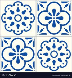 four blue and white tile designs