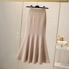 Olivia Mark - Knitted Midi Skirt with Cross Front Design and Bodycon Fit Knitted Long Skirt, Knitted Midi Skirt, High Waist Long Skirt, Fishtail Skirt, Trumpet Skirt, Knit Midi Skirt, Long Skirts For Women, Elegant Skirt, Mermaid Skirt