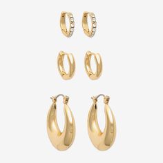 # Pieces In Set: 3 PairIncluded: 3 Pair of EarringsEarring Back: HingedMetal Color: Gold ToneEarring Length: 15mmEarring Width: 25mmCare: Wipe CleanEarrings Type: Wire EarringsEarrings Style: Hoop EarringsMetal: BrassCountry of Origin: Imported Earring Sets, Earring Set, Gold Tones, The Originals, Yellow, Gold, Color