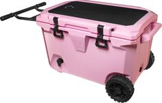 a pink and black cooler with wheels on it's side, isolated against a white background