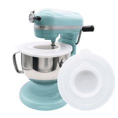 a blue stand mixer with a white bowl