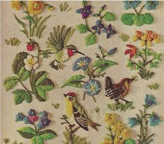 an image of flowers and birds in the middle of embroidery on white fabric with green leaves