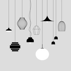 a bunch of lights hanging from the ceiling in different shapes and sizes, with one light on