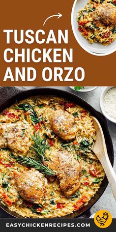 chicken and orzo in a skillet with text overlay that reads tuscann chicken and orzo