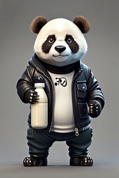 a panda bear dressed in black and white holding a milk jug, wearing a leather jacket