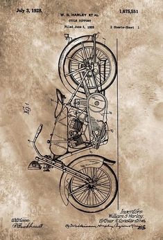 an old drawing of a motorcycle with the engine on it's back wheel and seat