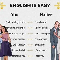 two people standing next to each other with the words'english is easy you '