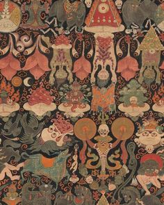 an intricately decorated wall hanging with elephants and other animals in the middle of it