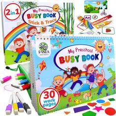 two children's books with markers and pencils in front of them, including the book