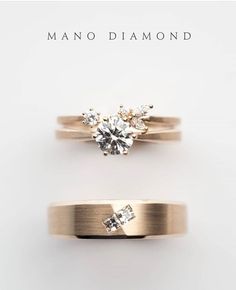 two gold rings with diamonds on them and the words mano diamond written below it