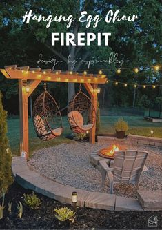 an outdoor fire pit with hammock chairs and lights