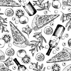 black and white seamless pattern with olives, oranges, pizza