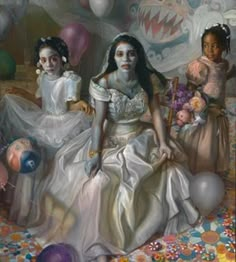 a painting of two women sitting next to each other on a floor with balloons and toys