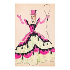 a drawing of a woman in a pink dress and top hat holding a balloon with her hands