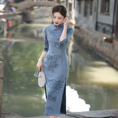 Floral pattern, suede fabric long Cheongsam#qipaodress #chinesedress#cheongsamdress Modern Qipao, Qipao Dress, Standing Collar, Dress Shoes Womens, Suede Fabric, Hip Dress, Cheongsam, Dress Romper, Grey Fashion