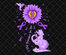 an elephant with a purple ribbon around its neck is surrounded by flowers and ribbons as it stands in front of a black background