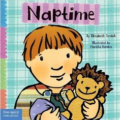 a young boy holding a teddy bear in front of a book cover that says, naptime